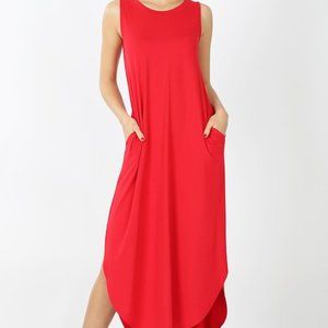 SLEEVELESS SIDE SLIT MAXI DRESS WITH POCKETS